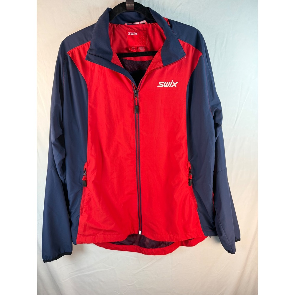 Swix Mens Large Red Navy Blue Colorblock Full Zip Windbreaker‎ Jacket Mesh Lined